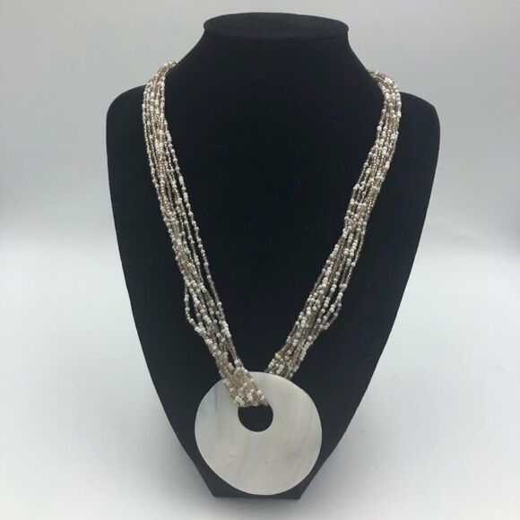 White Shell Beaded Necklace and White Beaded Dangling Pierced Earring Set - Picture 3 of 12